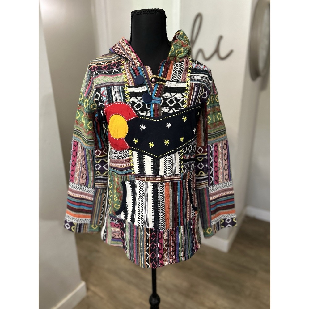 NWOT Rising International Colorado Nights Patchwork Hoody Poncho Size Medium